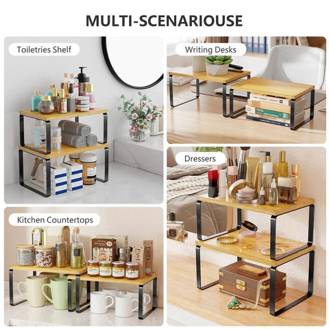 Premium Bamboo Kitchen Counter Shelf Set Of Two Stackable Expandable Spice Rack Storage Holder For Jars Cookbooks Tools in multi-use scenarios.