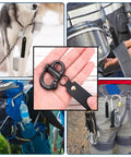 Beefy Quick Release Shackle Clip For SCBA Mask, Heavy Duty 316 Stainless Steel Snap Shackle For Firefighter Gear And Sailing Lanyards, Leather Handle, 2 Pack in use on various gear including canine leash, hiking backpack, and belt.