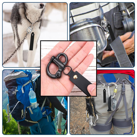 Beefy Quick Release Shackle Clip For SCBA Mask, Heavy Duty 316 Stainless Steel Snap Shackle For Firefighter Gear And Sailing Lanyards, Leather Handle, 2 Pack in use on various gear including canine leash, hiking backpack, and belt.