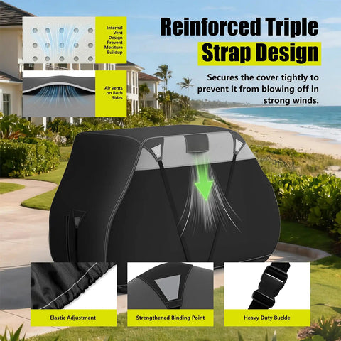 Built Tough Heavy Duty 600D Golf Cart Cover For 2 Plus 2 Seats Universal Fit Waterproof With Reinforced Triple Strap Design