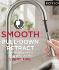 Sleek High Arc Kitchen Faucet With Pull Down Sprayer And Slick Brushed Nickel Finish, hand operating spray head.