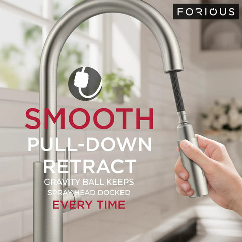 Sleek High Arc Kitchen Faucet With Pull Down Sprayer And Slick Brushed Nickel Finish, hand operating spray head.