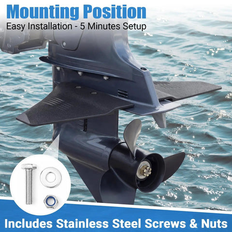Hydrofoil Stabilizer For Outboard And Sterndrive Boats With Dorsal Fin Style In Nylon Black, showing transom mount.