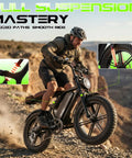 All-Terrain Electric Mountain Bike For Adults With Peak 1500W Motor, 65 Mile Range, 20x4 Fat Tires, Full Suspension