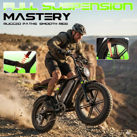 All-Terrain Electric Mountain Bike For Adults With Peak 1500W Motor, 65 Mile Range, 20x4 Fat Tires, Full Suspension
