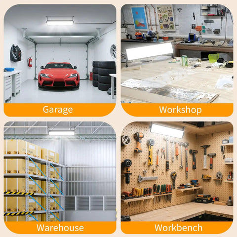 4 Pack 100W LED Shop Lights, Crazy Bright 14000 Lumens, 6000K Daylight White in garage, workshop, warehouse, workbench settings