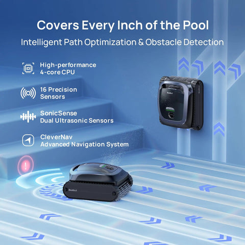 AquaSense 2 Cordless Robotic Pool Vacuum Cleaner With Auto Surface Parking, SmartDrain Waterline Scrubbing in pool.