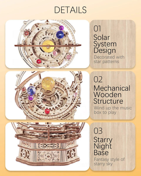 Starry Night 3D Puzzle Music Box Kit For Adults And Teens - Wood gears, starry design, colorful orbs, no glue needed.