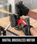Heavy Duty 20V Cordless Angle Grinder With Digital Brushless Motor That Works Like A Champ demonstrates steel cutting with sparks.