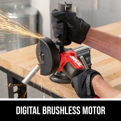 Heavy Duty 20V Cordless Angle Grinder With Digital Brushless Motor That Works Like A Champ demonstrates steel cutting with sparks.