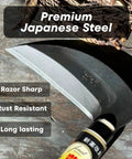 Japanese Weeding Sickle Kama For Fast Garden Cleanup, 4.7 Inch Serrated Blade, close-up showing sharp high carbon steel blade