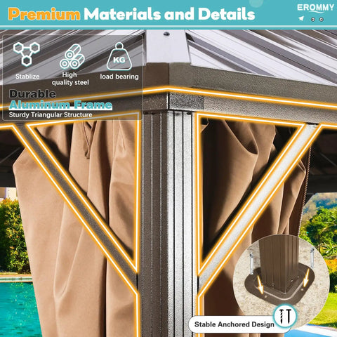 Corner view of 10 Foot By 12 Foot Hardtop Gazebo With Aluminum Frame And Galvanized Steel Double Roof Built Tough For Snow And Wind Heavy Duty Outdoor Pavilion With Curtains