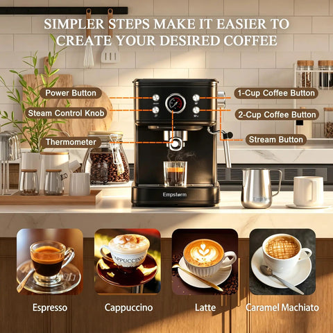Next Level 20 Bar Espresso Machine With Silky Milk Frother And Heavy Duty Steam Wand 1100 Watt Compact Coffee Brewer showing control features and drinks.