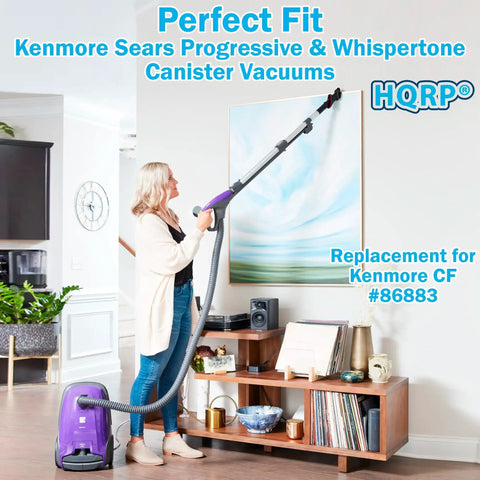 Woman using Kenmore vacuum cleaner in living room; replacement for Kenmore CF #86883 canister vacuum.