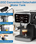 Real Deal Espresso And Americano Machine With Snappy Touchscreen Controls, 52 oz removable water tank and brewing features.