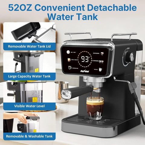 Real Deal Espresso And Americano Machine With Snappy Touchscreen Controls, 52 oz removable water tank and brewing features.