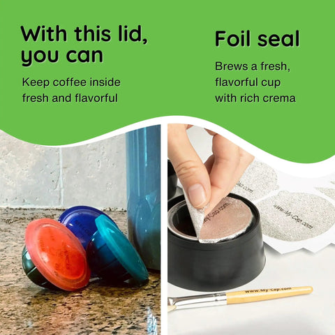 DIY Coffee Pod Kit For Nespresso VertuoLine Brewers Create Your Own Pods With Reusable Silicone Cap And Lid, plastic caps, foil seals