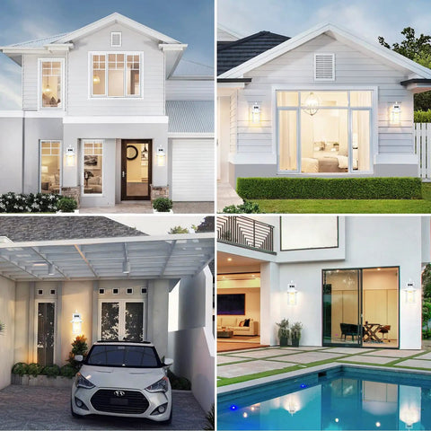 Two Pack Motion Sensor LED Outdoor Wall Lights Dusk To Dawn Exterior Lanterns installed on diverse modern houses