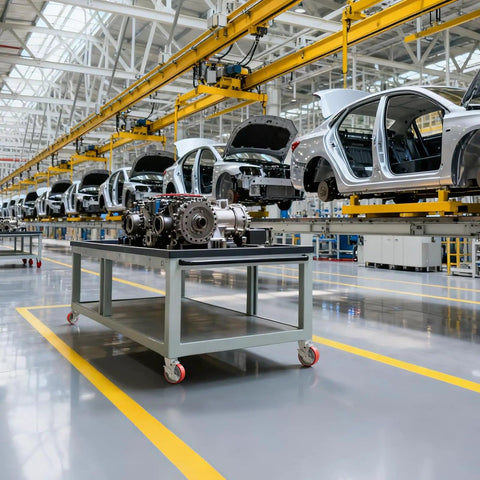Heavy Duty 4 Inch Industrial Casters With Secure Rolling Brakes 3200 Lbs Capacity Polyurethane Treads Set Of Four on a rolling workbench in an automotive factory.