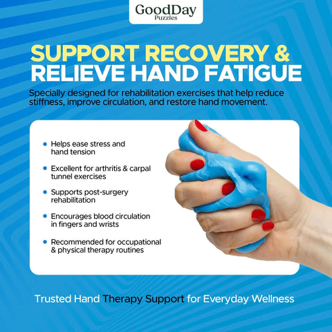 Hand squeezing blue putty for Hand Therapy Putty 3 Piece Set For Grip Strength, Stress Relief And Sensory Therapy For Adults.