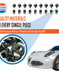 Top Shelf Black M6 Hex Head Exterior Body Bolts and Direct Swap Replacement Clips Kit for Daily Drivers and Pickup Trucks With Slick Matte Coating and No Sweat Oem Spec Mounting, featuring 10 bolts and 10 clips.