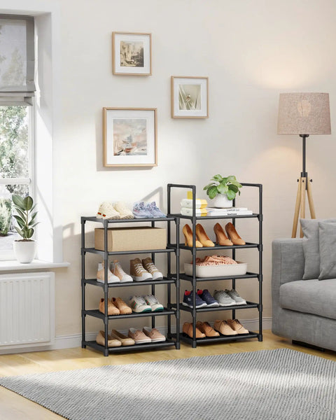 Tall 10-Tier Shoe Organizer With Detachable Fabric Shelves And Metal Frame For Closet Entryway And Living Room in a cozy setting