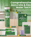 Comprehensive Drinking Water Test Kit With 120 Strips And Two Bacteria Checks For Tap Wells includes user guide and testing tools.