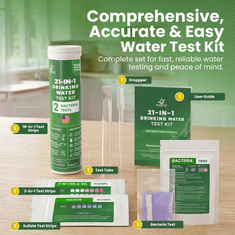 Comprehensive Drinking Water Test Kit With 120 Strips And Two Bacteria Checks For Tap Wells includes user guide and testing tools.