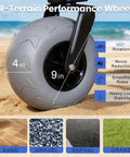 Close-up of 9x4 inch wheel on Large Capacity Beach Wagon For Sand With All Terrain Balloon Wheels 9x4 Inch 200L Capacity And 330Lb Heavy Duty Collapsible Cart With Extended Tailgate For Beach Camping And Outdoors