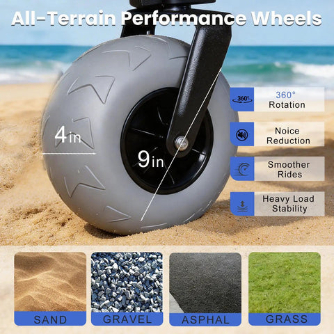Close-up of 9x4 inch wheel on Large Capacity Beach Wagon For Sand With All Terrain Balloon Wheels 9x4 Inch 200L Capacity And 330Lb Heavy Duty Collapsible Cart With Extended Tailgate For Beach Camping And Outdoors