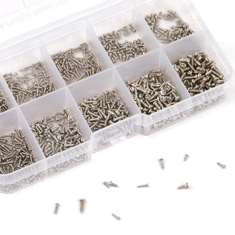 Heavy Hitter 1200 Pcs Mini Screw Assortment Kit Includes M1 Through M1.7 Stainless Steel Self Tapping Micro Screws in divided tray.