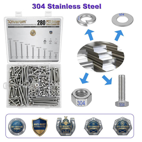 Hella Solid 280 Piece 1/4 Inch 20 Thread Stainless Steel Hex Bolt And Nut Assortment Kit With Nine Convenient Lengths in clear case.