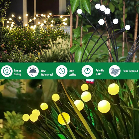 Solar Firefly 4 Pack Lights With 10 LEDs Each illuminate a garden, showcasing adjustable stems and warm white glow in foliage.