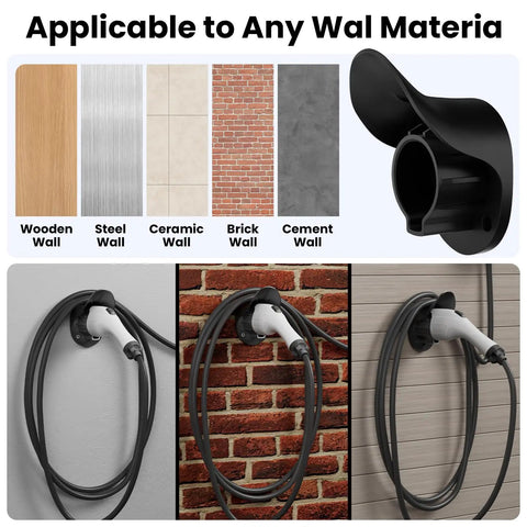 Heavy Duty J1772 EV Charger Wall Mount With Rock Solid Cord Cradle And Outlet Shield on various wall materials.