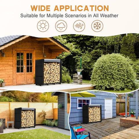 Three 4ft Outdoor Firewood Rack With Waterproof Covers displayed in various outdoor settings, showing versatility and durability.