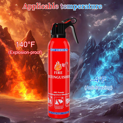Image of a red dry chemical fire extinguisher in front of a fire and ice background, showing temperature range for use.
