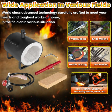 Portable Propane Forge With Single Burner For Blacksmithing Knife Making Farrier Tools And Metalworking displayed with accessories.