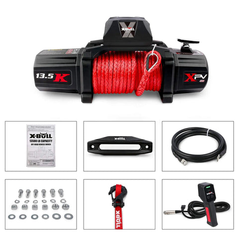 Heavy Duty 13500 Lb Electric Winch With Synthetic Rope Harness And Wireless Remote Control, featuring red synthetic rope and accessories.