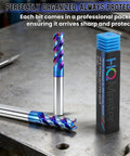 Carbide Square End Mill With Nano Blue Coating One Quarter Inch Shank 3 Flute CNC Milling Bit Set displayed on metal surface
