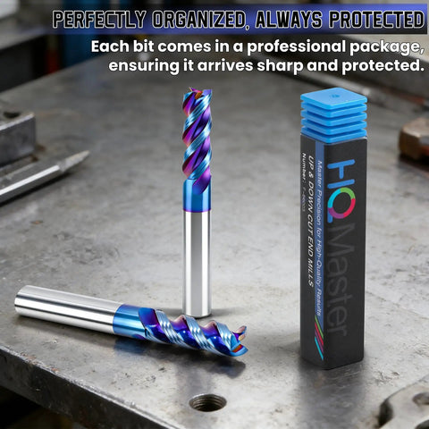 Carbide Square End Mill With Nano Blue Coating One Quarter Inch Shank 3 Flute CNC Milling Bit Set displayed on metal surface