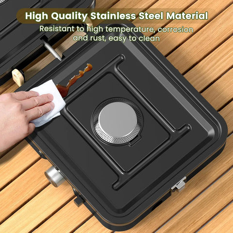 Close-up of Two Burner Foldable Camp Stove With Dual Surface Griddle Textured And Smooth For Grilling And Breakfast On The Go