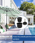 3 Pcs Umbrella Base Stand Replacement Parts Kit With M8 Threaded Knobs And Hole Ring Caps Includes 1.95 Inch And 1.55 Inch Ring Sizes next to poolside patio umbrella in garden setting