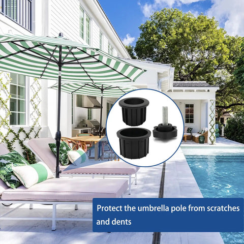 3 Pcs Umbrella Base Stand Replacement Parts Kit With M8 Threaded Knobs And Hole Ring Caps Includes 1.95 Inch And 1.55 Inch Ring Sizes next to poolside patio umbrella in garden setting