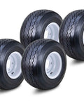 18X8.5-8 Golf Cart Tires And Wheels Assembly, 4Ply Aggressive Tread White Steel Rims With 4X4 Bolt Circle, pack of four tires.