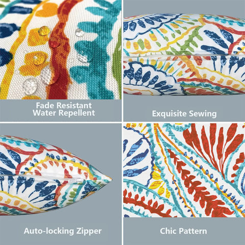 Outdoor Lumbar Pillow Covers 12x20 Inch Pack Of 2, Paisley Multi Fabric, showing water repellent polyester and zipper detail
