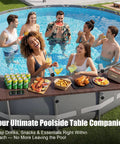 All In One Above Ground Pool Bar Table For Outdoor Fun, Heavy Duty 110 Lbs, 47.2 Inch Poolside Bar Shelf Deck Attachment, Adjustable Folding Design For Round And Oval Pools, Create Your Ultimate Pool Party Setup with people enjoying food and drinks