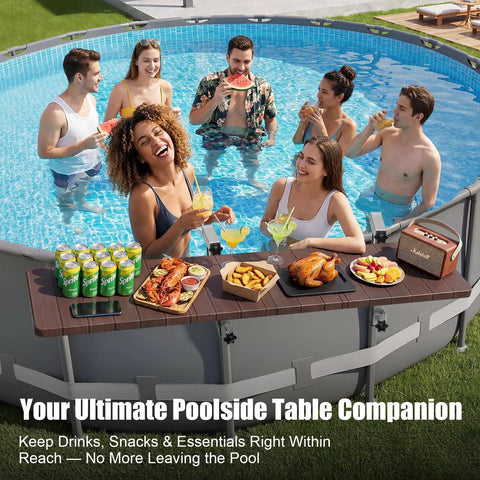 All In One Above Ground Pool Bar Table For Outdoor Fun, Heavy Duty 110 Lbs, 47.2 Inch Poolside Bar Shelf Deck Attachment, Adjustable Folding Design For Round And Oval Pools, Create Your Ultimate Pool Party Setup with people enjoying food and drinks