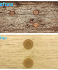 Top Notch Brass Screw Covers And Decorative Caps Set With Mirror Finish Hardware Kit and Self Tapping Screws for Cabinet Doors before and after installation on wood.