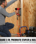 Man using Two In One Pneumatic Brad Nailer And Crown Stapler Kit With 1600 Staples And Nails, 18 Gauge Nailer for Woodwork