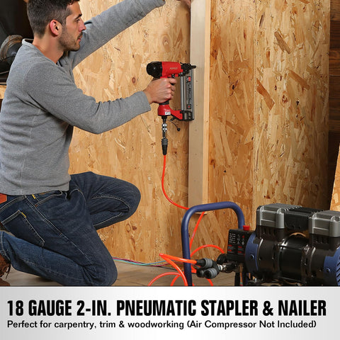 Man using Two In One Pneumatic Brad Nailer And Crown Stapler Kit With 1600 Staples And Nails, 18 Gauge Nailer for Woodwork